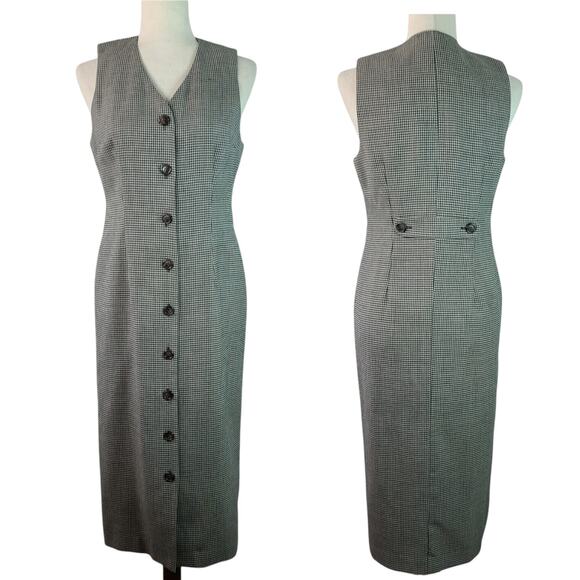 Talbots Brown Black Houndstooth Vintage USA Wool Lined Button Front Dress 4 P - Picture 1 of 7
